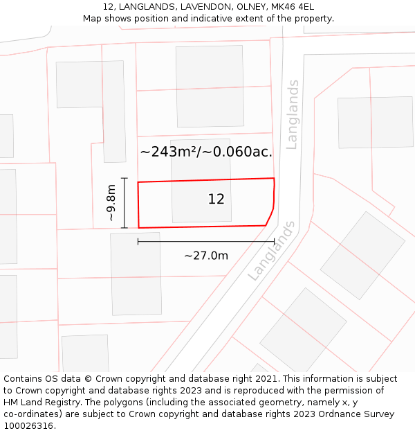 12, LANGLANDS, LAVENDON, OLNEY, MK46 4EL: Plot and title map