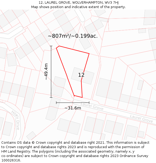 12, LAUREL GROVE, WOLVERHAMPTON, WV3 7HJ: Plot and title map