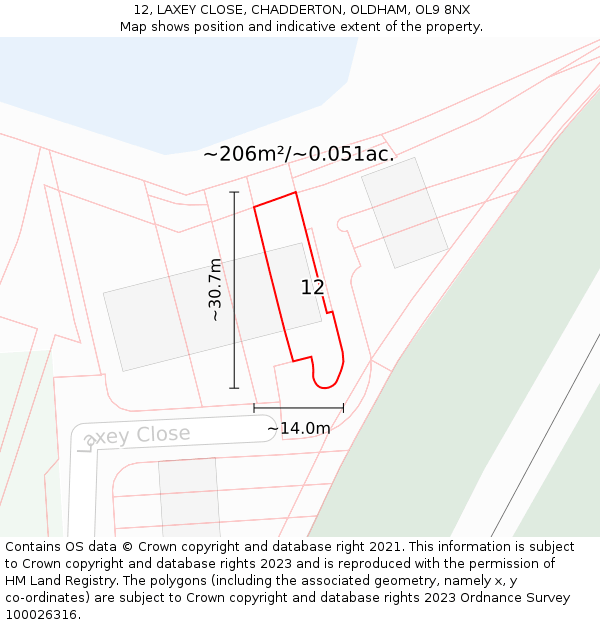 12, LAXEY CLOSE, CHADDERTON, OLDHAM, OL9 8NX: Plot and title map