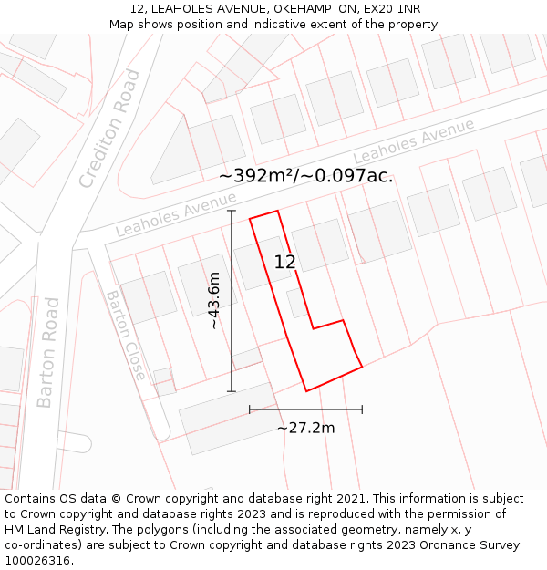 12, LEAHOLES AVENUE, OKEHAMPTON, EX20 1NR: Plot and title map