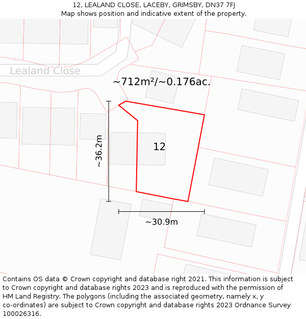 12, LEALAND CLOSE, LACEBY, GRIMSBY, DN37 7FJ: Plot and title map