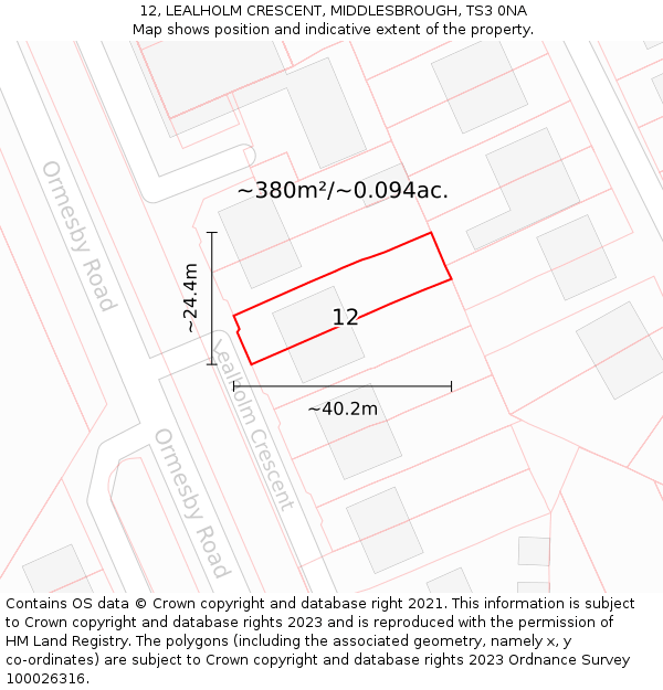 12, LEALHOLM CRESCENT, MIDDLESBROUGH, TS3 0NA: Plot and title map