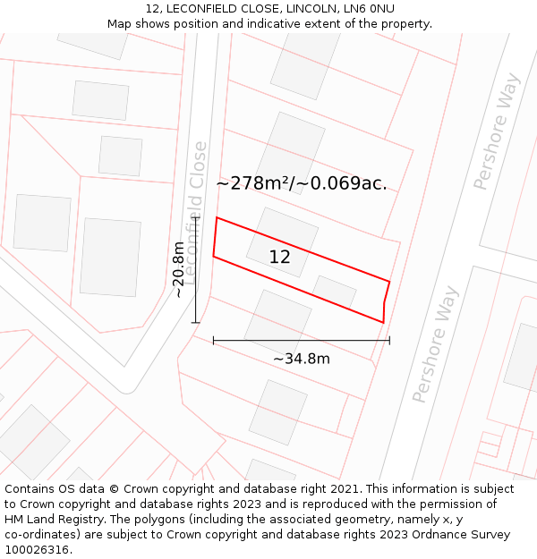 12, LECONFIELD CLOSE, LINCOLN, LN6 0NU: Plot and title map