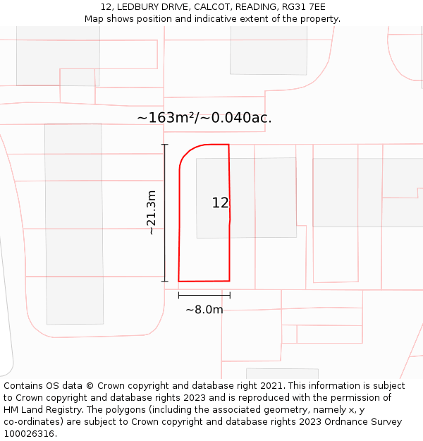 12, LEDBURY DRIVE, CALCOT, READING, RG31 7EE: Plot and title map