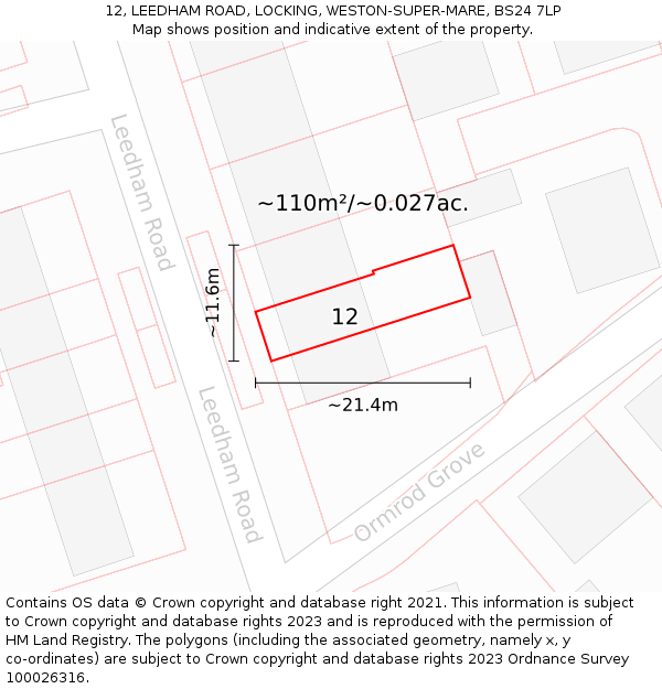 12, LEEDHAM ROAD, LOCKING, WESTON-SUPER-MARE, BS24 7LP: Plot and title map