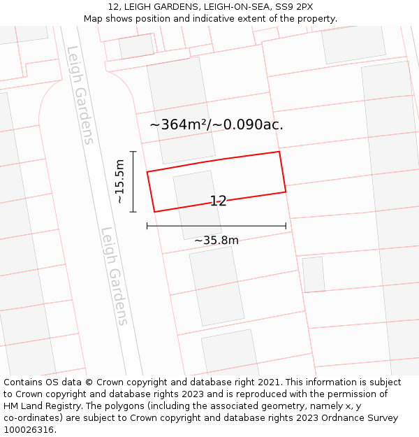 12, LEIGH GARDENS, LEIGH-ON-SEA, SS9 2PX: Plot and title map