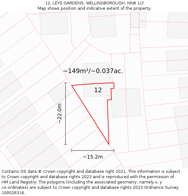 12, LEYS GARDENS, WELLINGBOROUGH, NN8 1LY: Plot and title map