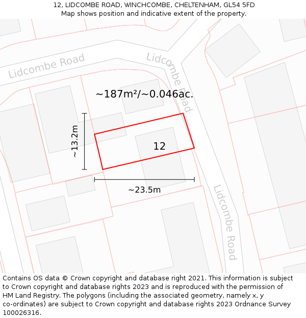 12, LIDCOMBE ROAD, WINCHCOMBE, CHELTENHAM, GL54 5FD: Plot and title map