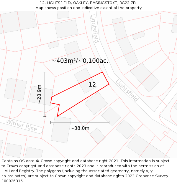 12, LIGHTSFIELD, OAKLEY, BASINGSTOKE, RG23 7BL: Plot and title map