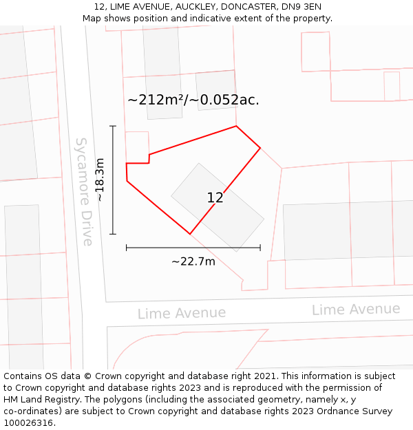 12, LIME AVENUE, AUCKLEY, DONCASTER, DN9 3EN: Plot and title map