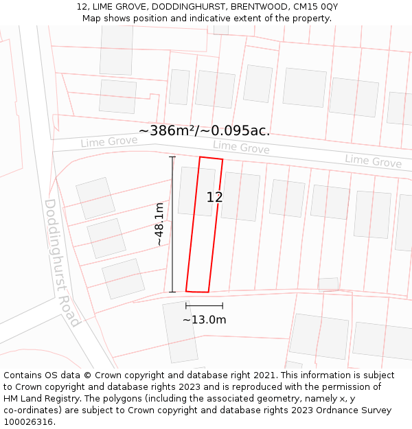 12, LIME GROVE, DODDINGHURST, BRENTWOOD, CM15 0QY: Plot and title map