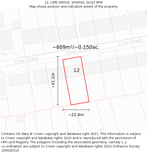 12, LIME GROVE, WOKING, GU22 9PW: Plot and title map