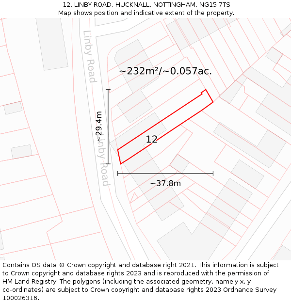 12, LINBY ROAD, HUCKNALL, NOTTINGHAM, NG15 7TS: Plot and title map