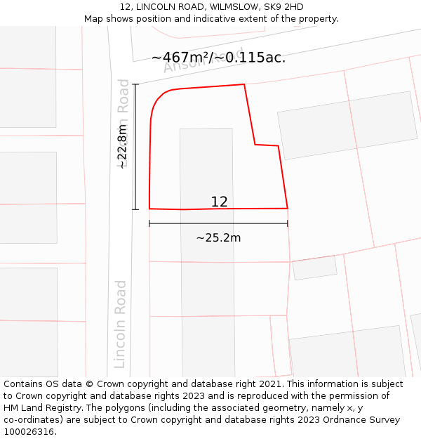 12, LINCOLN ROAD, WILMSLOW, SK9 2HD: Plot and title map