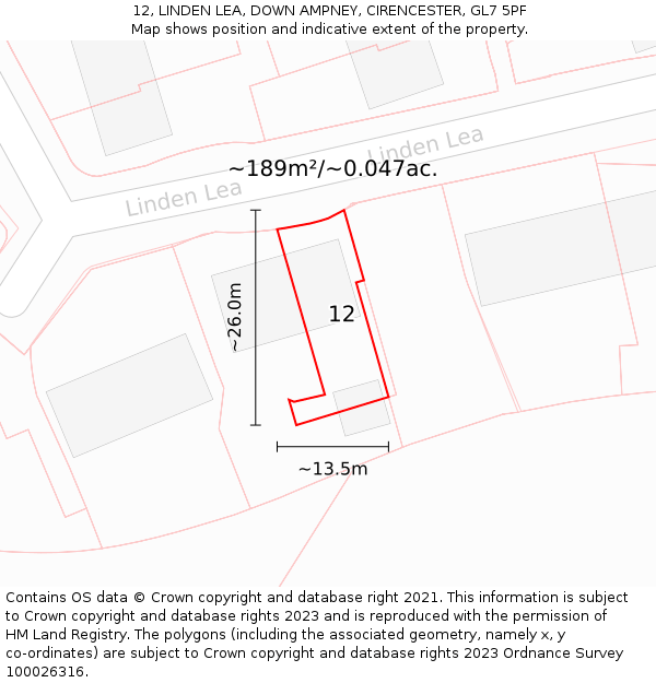 12, LINDEN LEA, DOWN AMPNEY, CIRENCESTER, GL7 5PF: Plot and title map