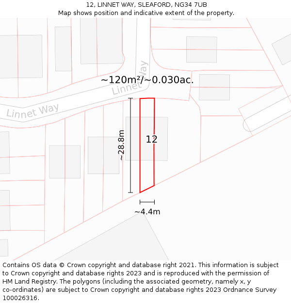 12, LINNET WAY, SLEAFORD, NG34 7UB: Plot and title map