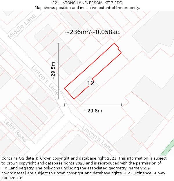 12, LINTONS LANE, EPSOM, KT17 1DD: Plot and title map