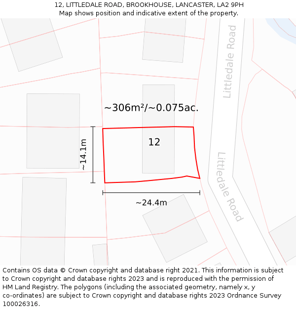 12, LITTLEDALE ROAD, BROOKHOUSE, LANCASTER, LA2 9PH: Plot and title map