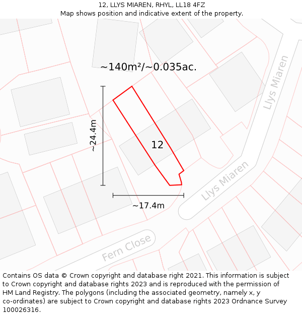 12, LLYS MIAREN, RHYL, LL18 4FZ: Plot and title map