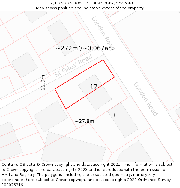 12, LONDON ROAD, SHREWSBURY, SY2 6NU: Plot and title map