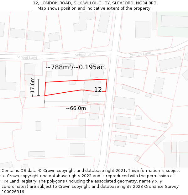 12, LONDON ROAD, SILK WILLOUGHBY, SLEAFORD, NG34 8PB: Plot and title map