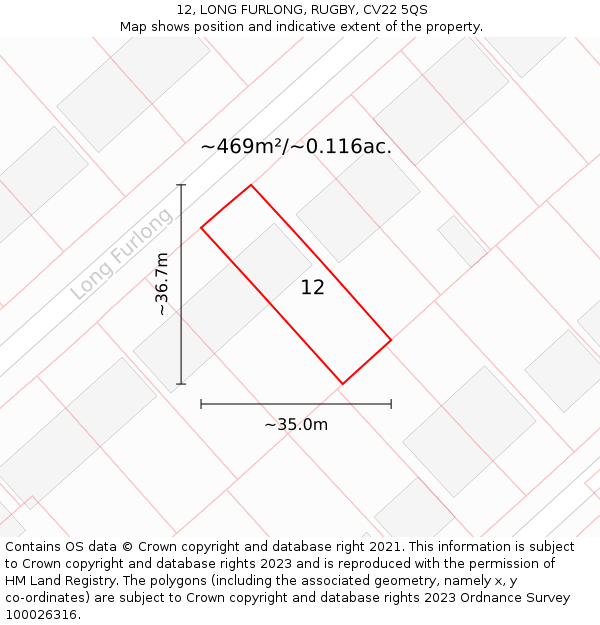 12, LONG FURLONG, RUGBY, CV22 5QS: Plot and title map