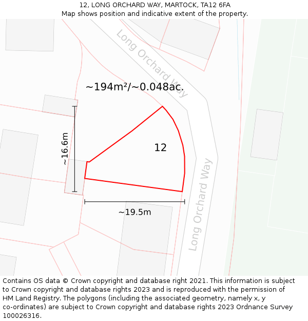12, LONG ORCHARD WAY, MARTOCK, TA12 6FA: Plot and title map