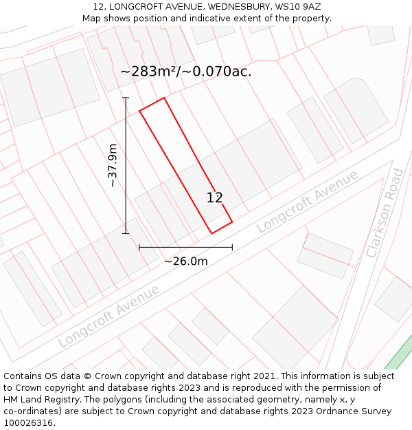 12, LONGCROFT AVENUE, WEDNESBURY, WS10 9AZ: Plot and title map