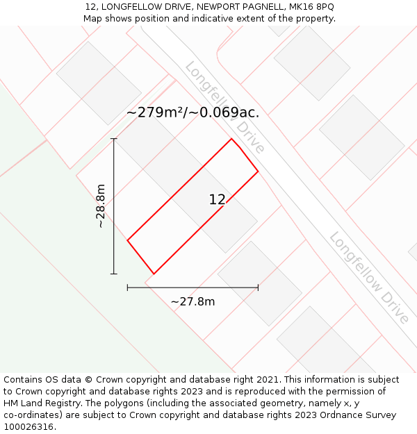 12, LONGFELLOW DRIVE, NEWPORT PAGNELL, MK16 8PQ: Plot and title map