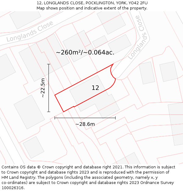 12, LONGLANDS CLOSE, POCKLINGTON, YORK, YO42 2FU: Plot and title map