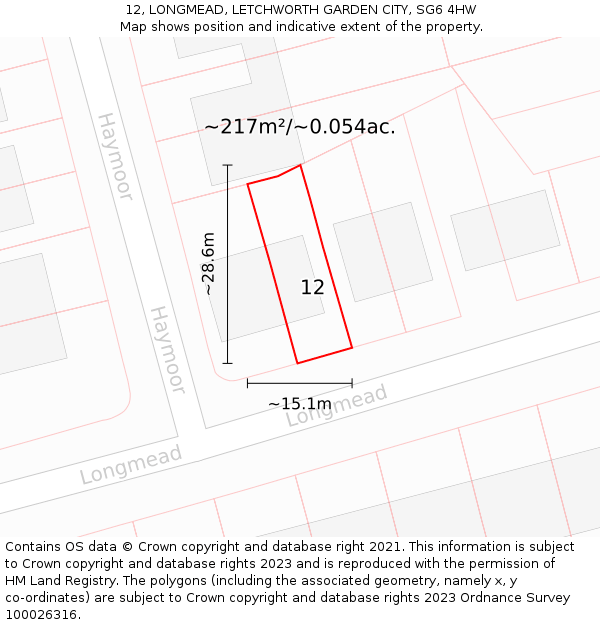 12, LONGMEAD, LETCHWORTH GARDEN CITY, SG6 4HW: Plot and title map