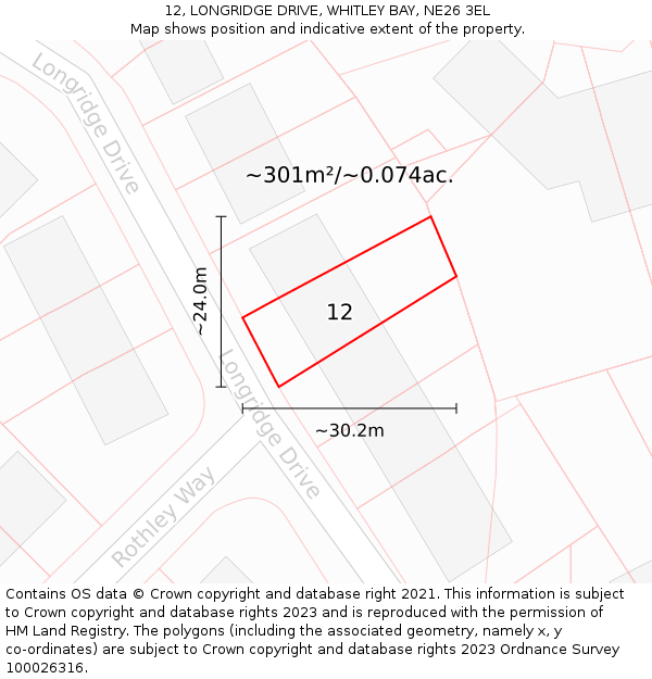 12, LONGRIDGE DRIVE, WHITLEY BAY, NE26 3EL: Plot and title map