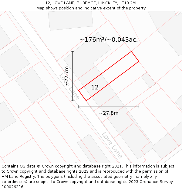 12, LOVE LANE, BURBAGE, HINCKLEY, LE10 2AL: Plot and title map