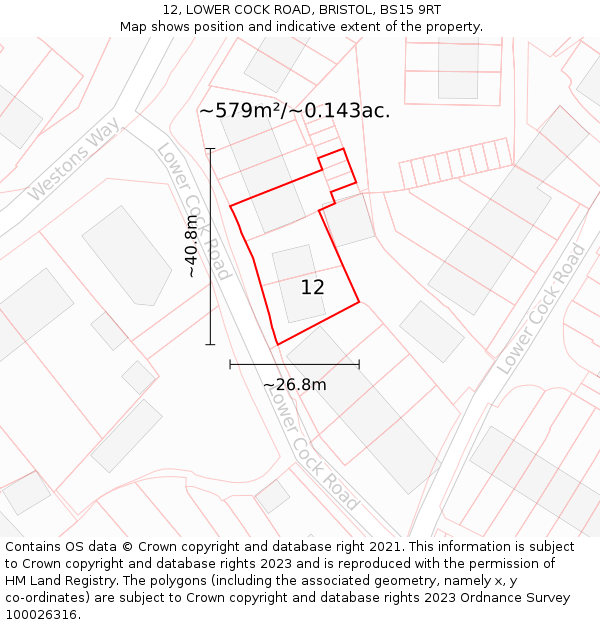 12, LOWER COCK ROAD, BRISTOL, BS15 9RT: Plot and title map