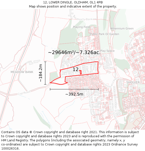 12, LOWER DINGLE, OLDHAM, OL1 4PB: Plot and title map