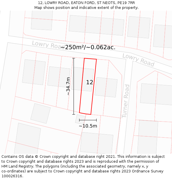 12, LOWRY ROAD, EATON FORD, ST NEOTS, PE19 7RR: Plot and title map