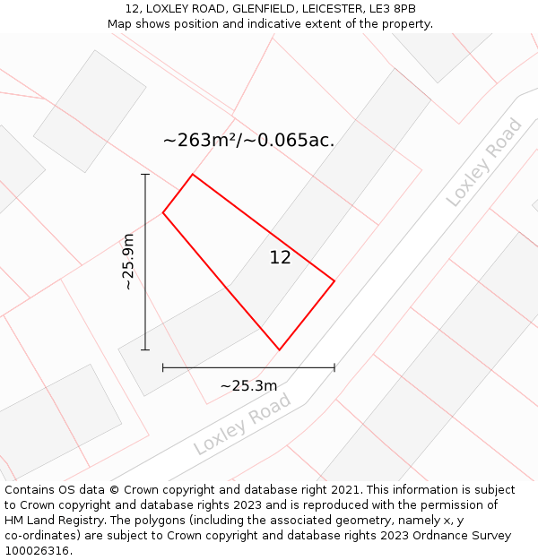 12, LOXLEY ROAD, GLENFIELD, LEICESTER, LE3 8PB: Plot and title map