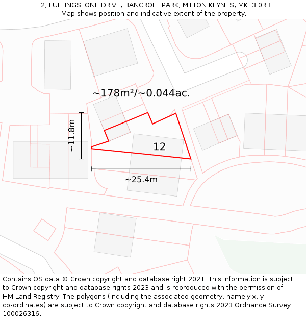 12, LULLINGSTONE DRIVE, BANCROFT PARK, MILTON KEYNES, MK13 0RB: Plot and title map