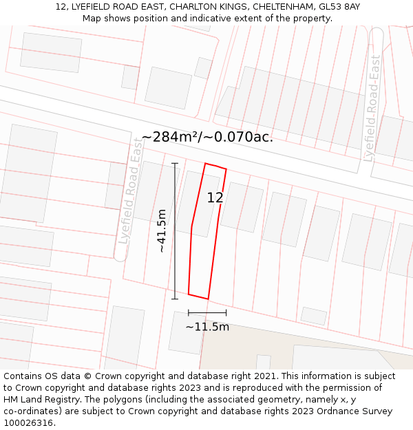 12, LYEFIELD ROAD EAST, CHARLTON KINGS, CHELTENHAM, GL53 8AY: Plot and title map