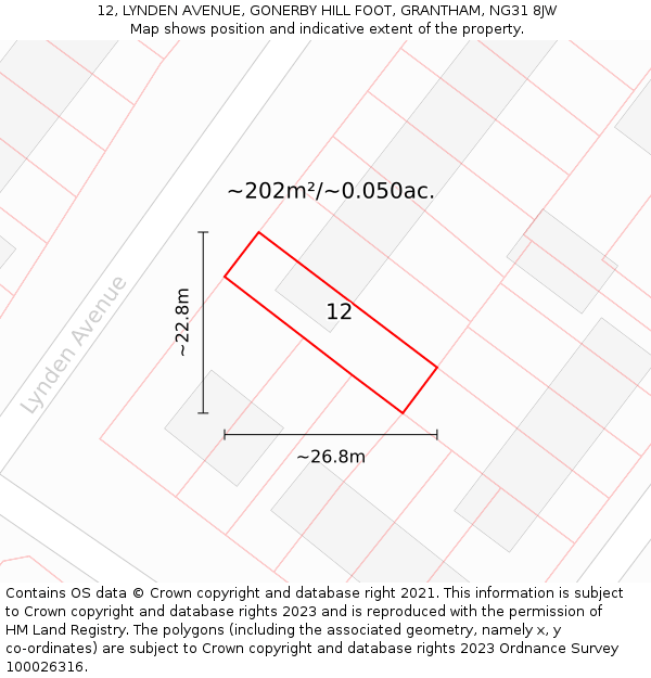 12, LYNDEN AVENUE, GONERBY HILL FOOT, GRANTHAM, NG31 8JW: Plot and title map