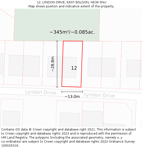 12, LYNDON DRIVE, EAST BOLDON, NE36 0NU: Plot and title map