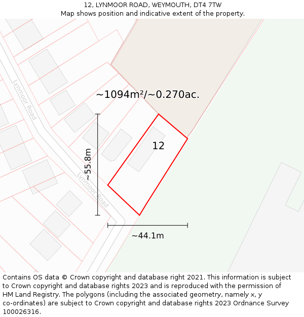 12, LYNMOOR ROAD, WEYMOUTH, DT4 7TW: Plot and title map