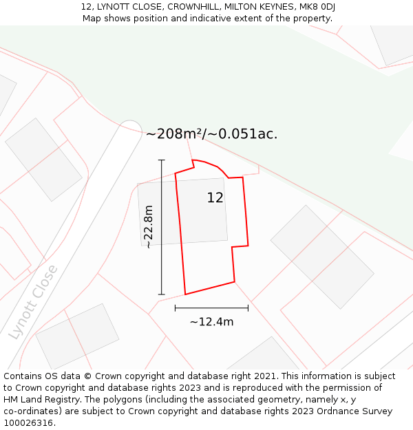 12, LYNOTT CLOSE, CROWNHILL, MILTON KEYNES, MK8 0DJ: Plot and title map