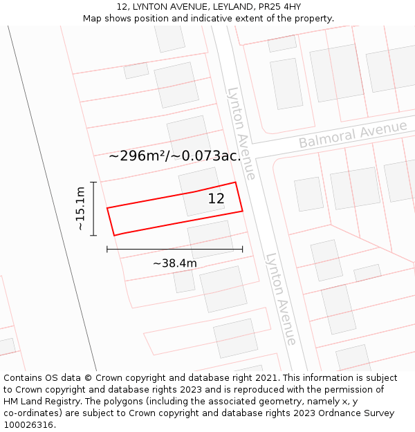 12, LYNTON AVENUE, LEYLAND, PR25 4HY: Plot and title map