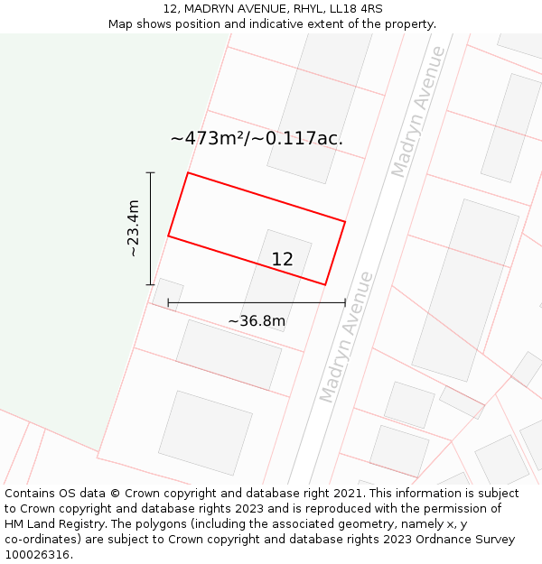 12, MADRYN AVENUE, RHYL, LL18 4RS: Plot and title map