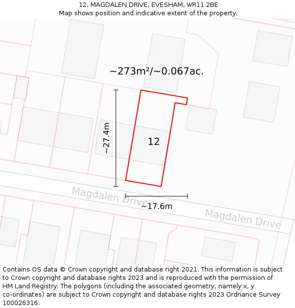 12, MAGDALEN DRIVE, EVESHAM, WR11 2BE: Plot and title map
