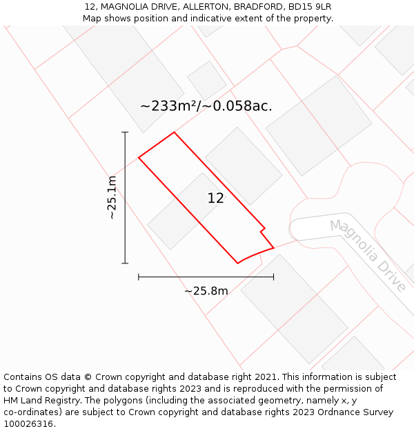 12, MAGNOLIA DRIVE, ALLERTON, BRADFORD, BD15 9LR: Plot and title map