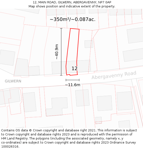 12, MAIN ROAD, GILWERN, ABERGAVENNY, NP7 0AP: Plot and title map