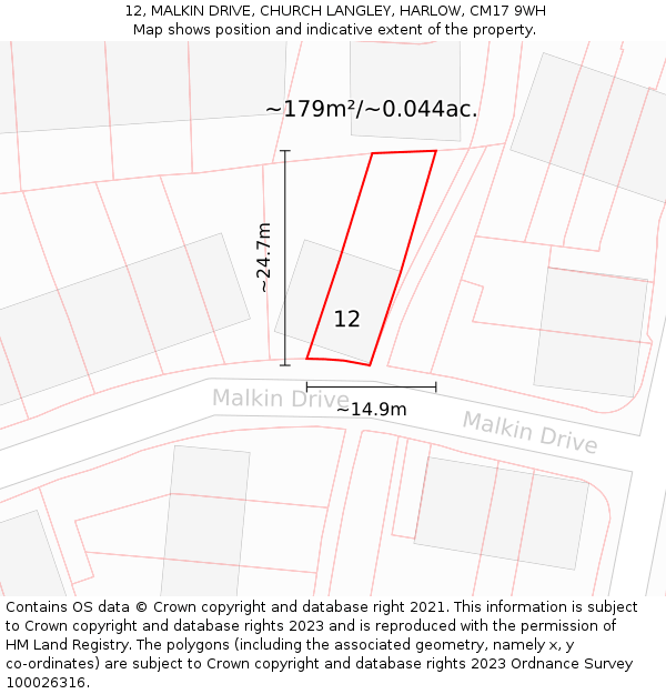 12, MALKIN DRIVE, CHURCH LANGLEY, HARLOW, CM17 9WH: Plot and title map