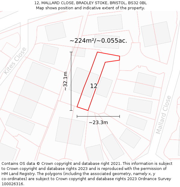 12, MALLARD CLOSE, BRADLEY STOKE, BRISTOL, BS32 0BL: Plot and title map